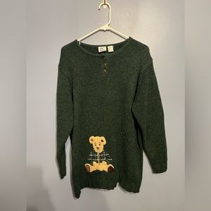 Vintage MAGGIE LAWRENCE Sweater Teddy Bear Size 14/16 Dark Green W Shoulder Pads